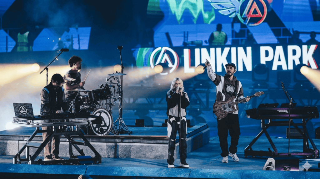 Linkin Park tour with stage lighting and crowd atmosphere