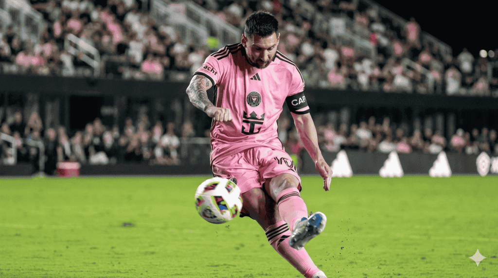 Lionel Messi with Inter Miami teammates during a home game at Chase Stadium