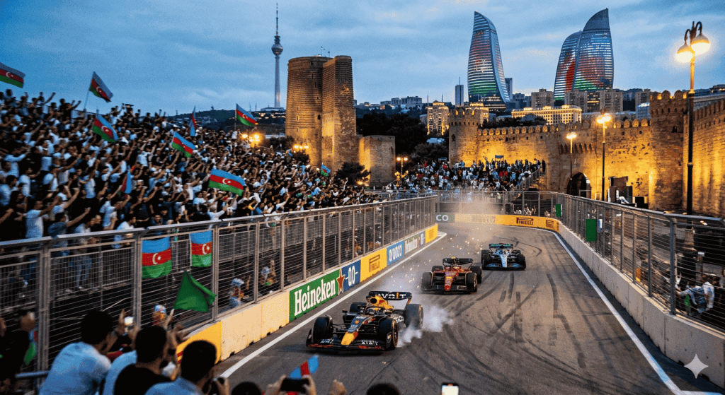Formula 1 cars on the longest straight during Azerbaijan Grand Prix