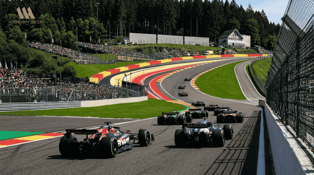 VIP view at Belgian Grand Prix 2026 overlooking Spa-Francorchamps circuit from hospitality suite