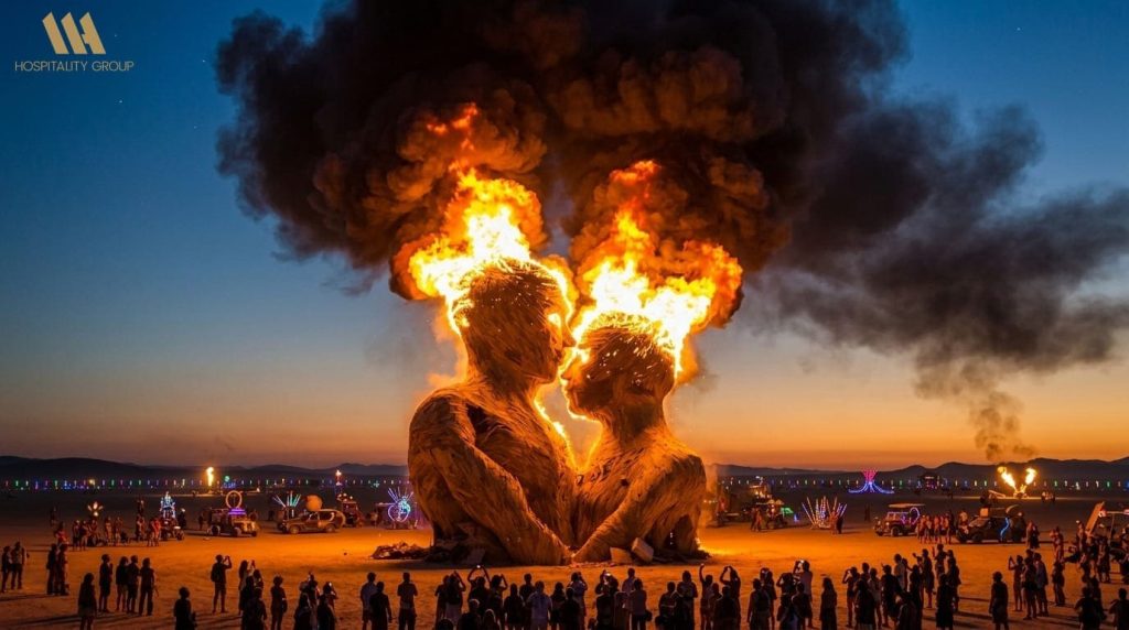 Burning Man fire performance and crowd at night