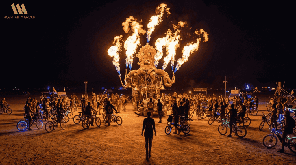 Burning Man fire performance and crowd at night