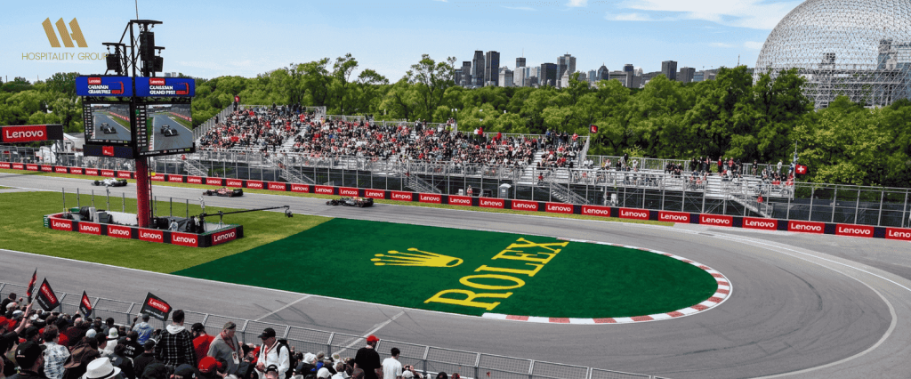 Formula 1 cars racing at Canadian Grand Prix Montreal high speed straight