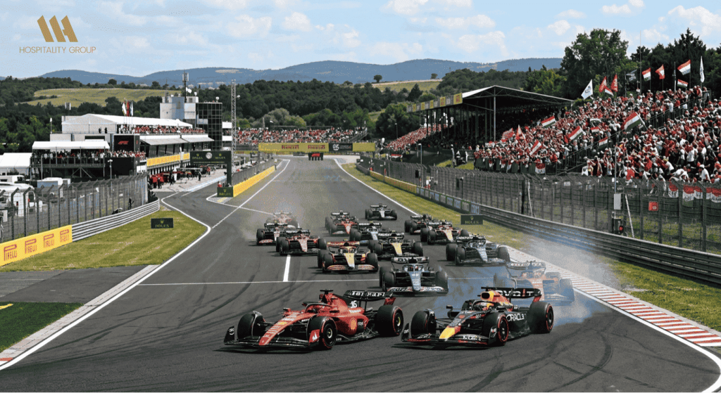 Hungaroring main straight view during Hungarian Grand Prix with grandstands and race action