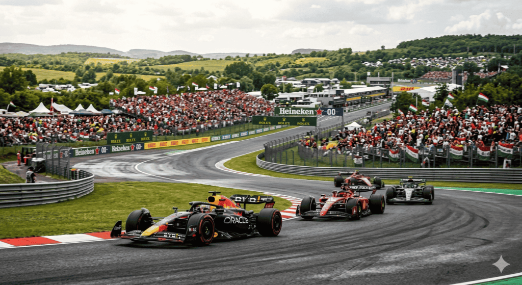 Hungaroring main straight view during Hungarian Grand Prix 2026 with grandstands and race action
