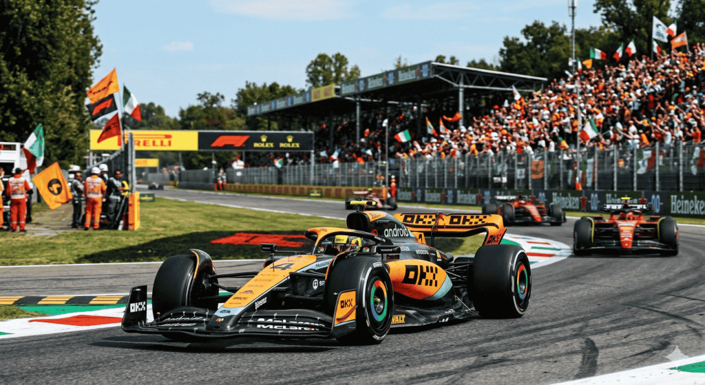 VIP hospitality view at Monza Formula 1 race with trackside luxury seating
