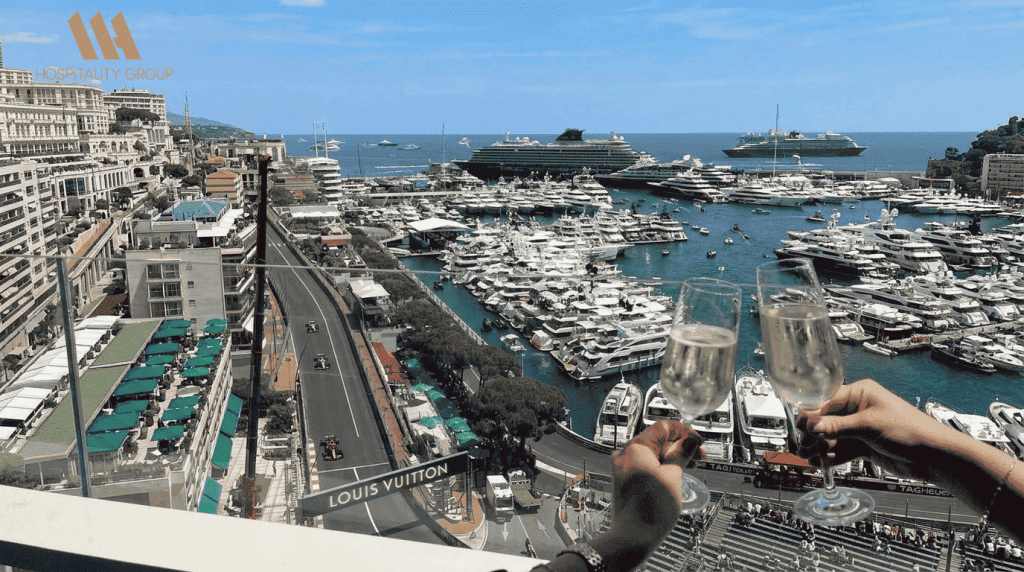 Monaco Grand Prix hotel balcony view overlooking Monte Carlo circuit