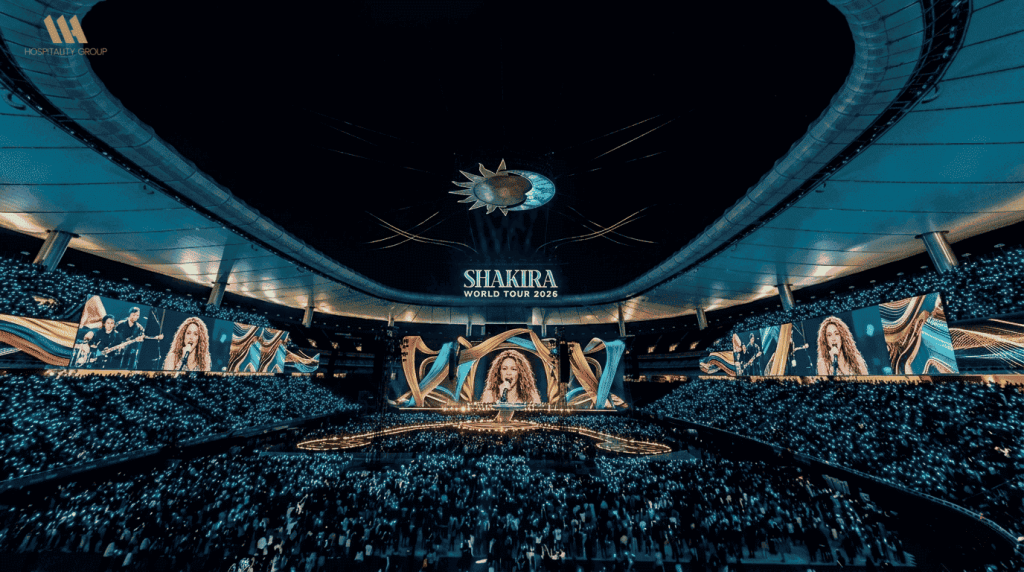 Shakira concert stage design with lighting and stadium crowd 2026 tour