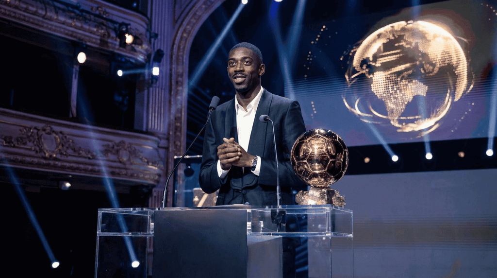 Ousmane Dembélé receiving the Ballon d'Or award on stage in Paris during the 2025 ceremony