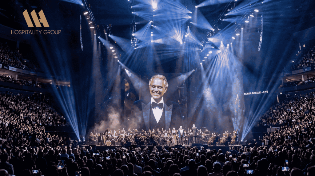 Andrea Bocelli on stage with full orchestra during live concert