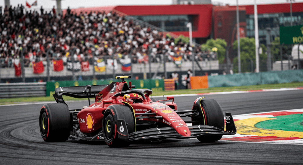 Race cars entering a corner at Chinese Grand Prix