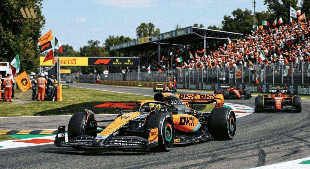 VIP hospitality view at Monza Formula 1 race with trackside luxury seating