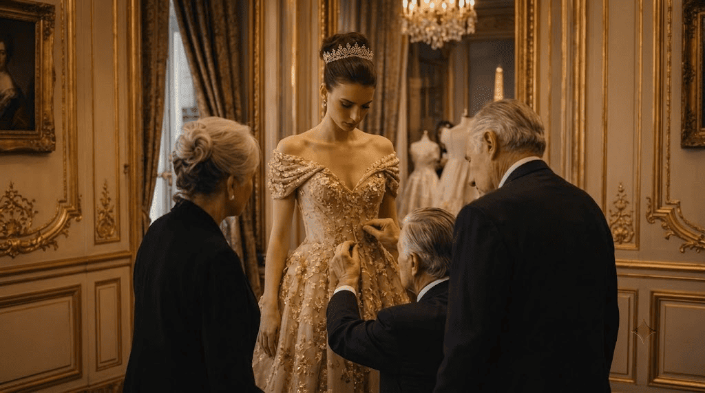 A private fitting gives guests a closer look at the craftsmanship and silhouette that define haute couture.