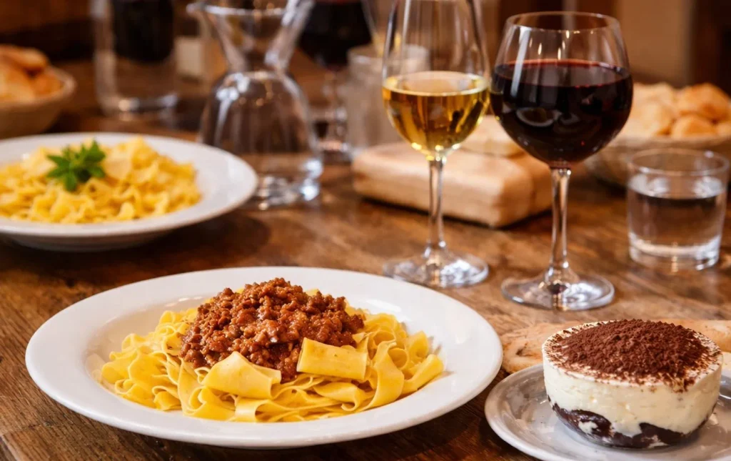 Bologna is known for tagliatelle al ragù, tortellini, mortadella, and historic trattorias