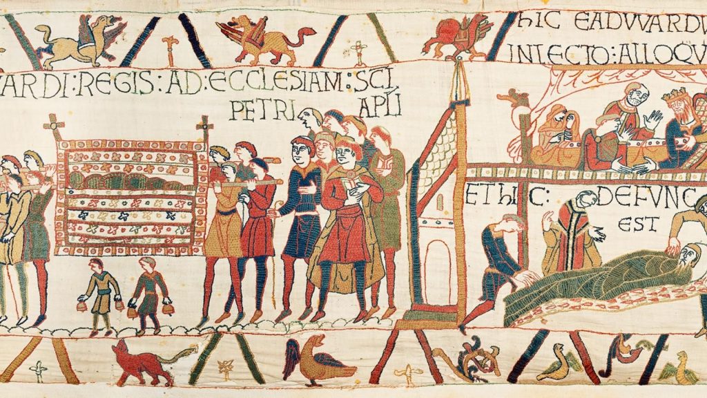 The Bayeux Tapestry features red throughout its embroidered wool.