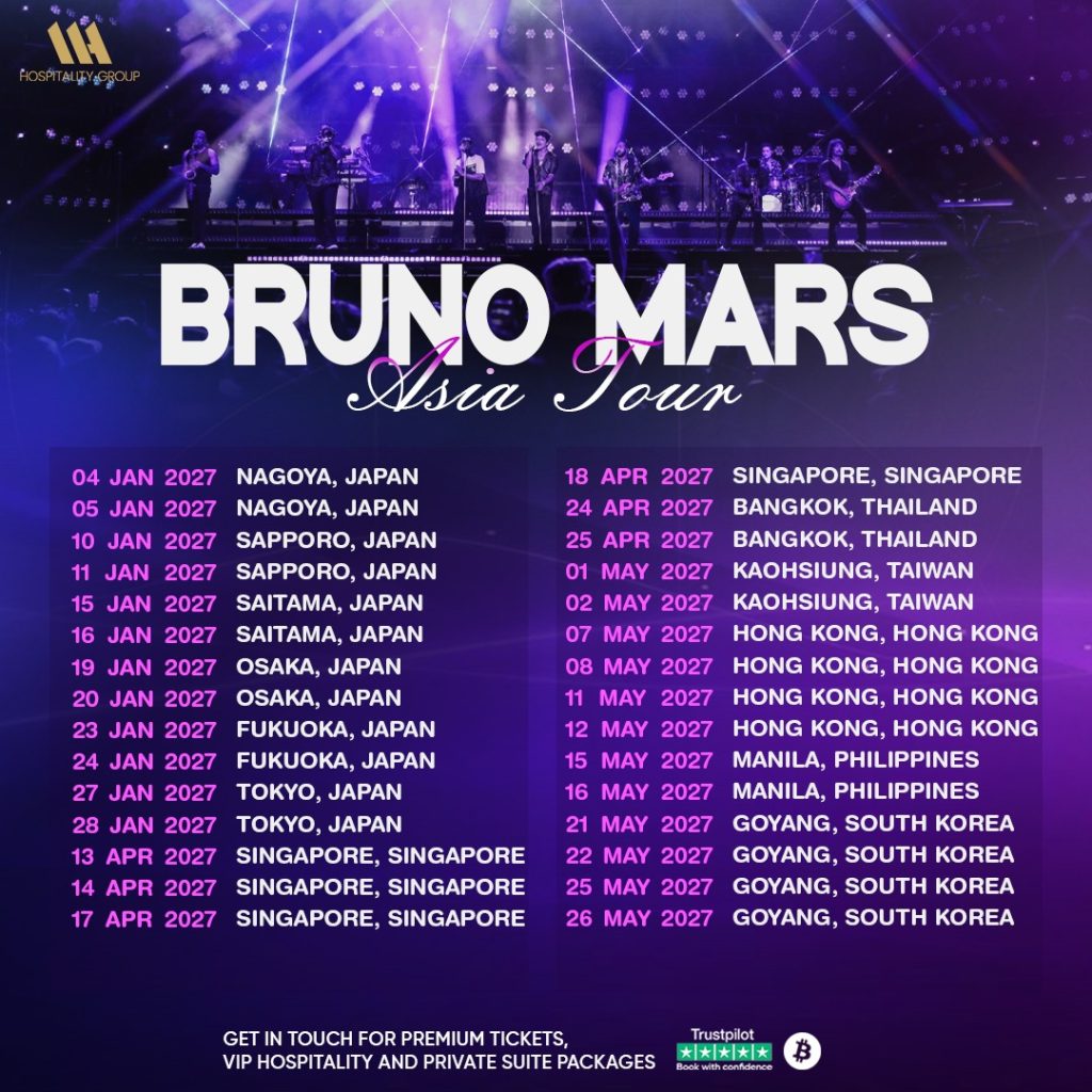 Bruno Mars Asia Tour 2027 dates across Japan Singapore Bangkok Hong Kong Manila and South Korea