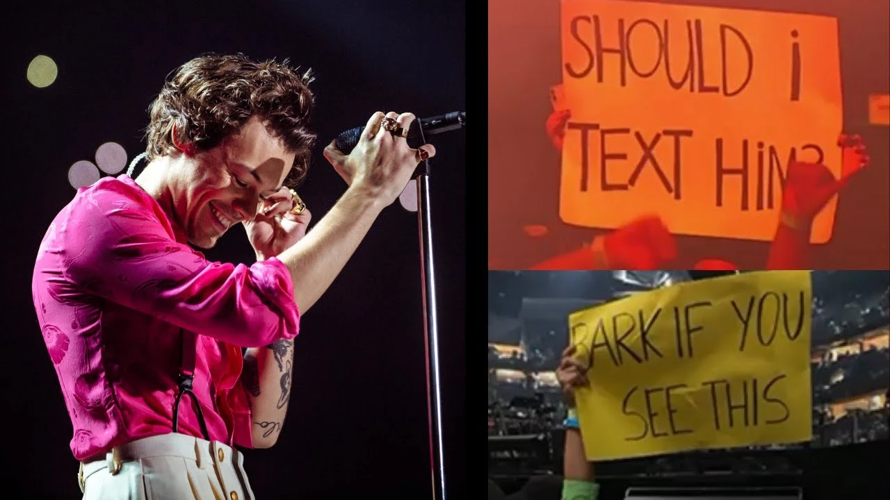 Harry Styles reading fan signs