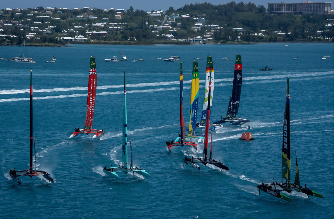 F50 catamarans racing at high speed during a SailGP championship